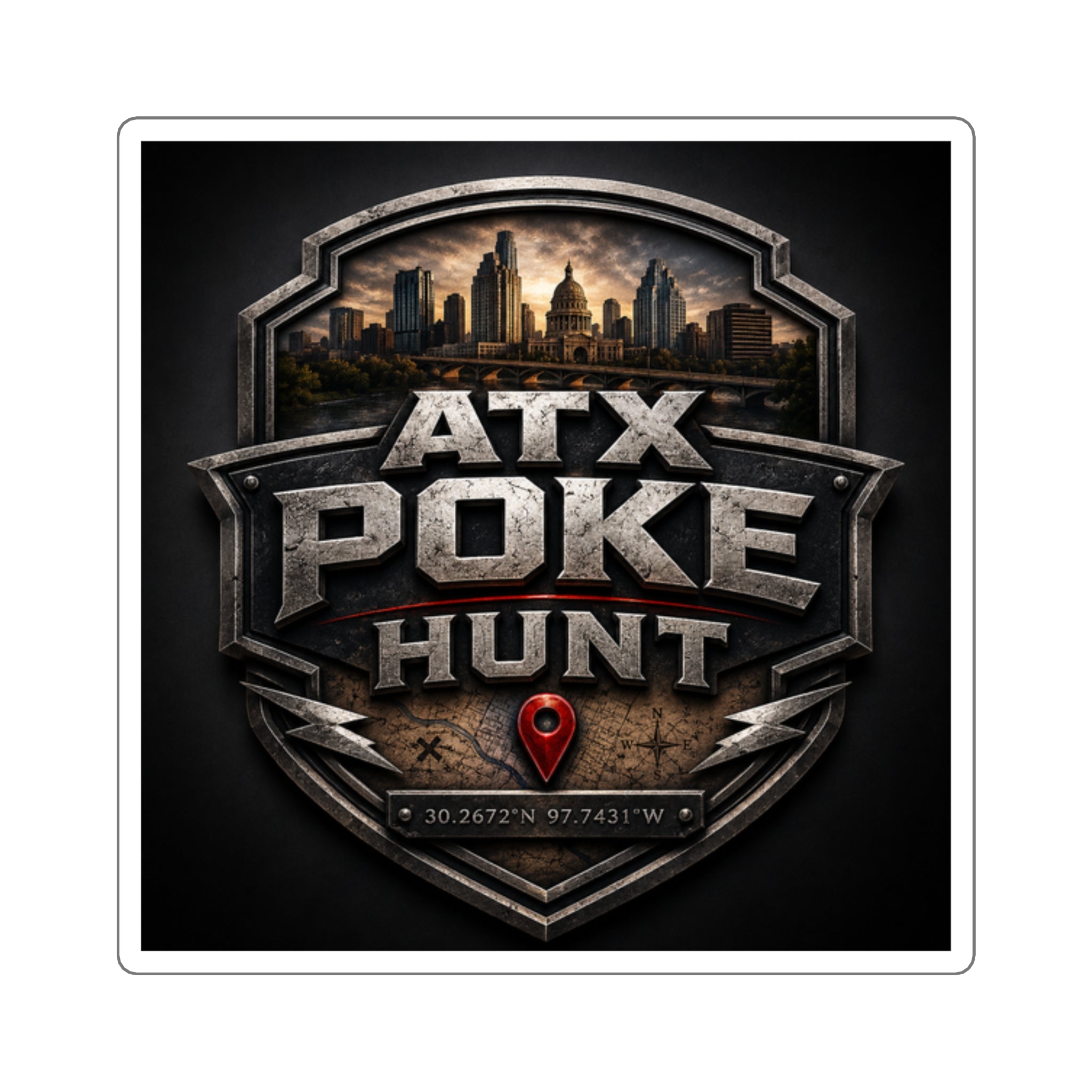 ATX Poke Hunt Square Sticker — Austin City Logo Decal (Coordinates 30.2672N, 97.7431W)
